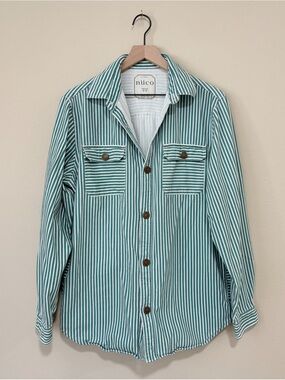 Nuco Size Medium Green Stripped Denim Cotton Button Down Shirt